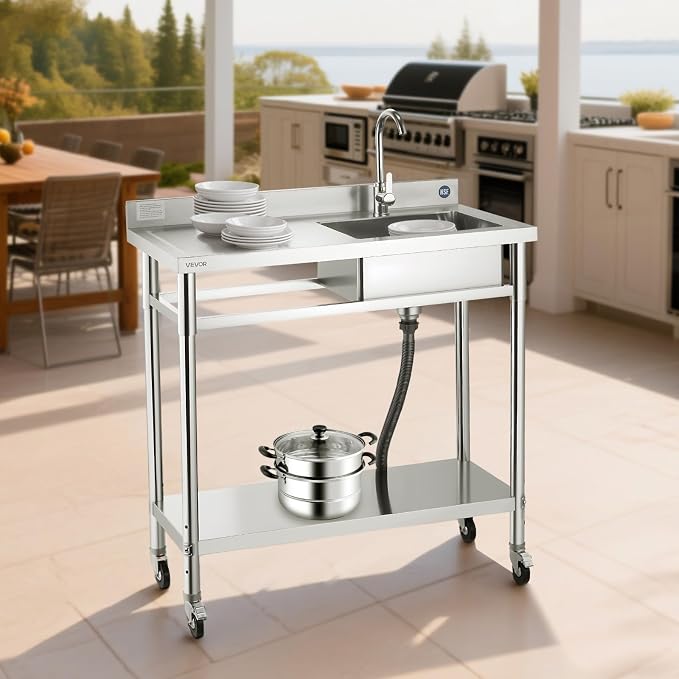 VEVOR Stainless Steel Utility Sink, Rolling Single Bowl Commercial Kitchen Sink - Image 8