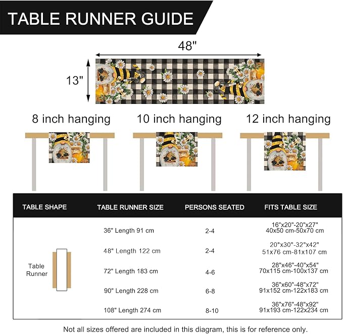 Seliem Spring Bee Gnome Table Runner, Honey Black White Buffalo Plaid Check - Image 7