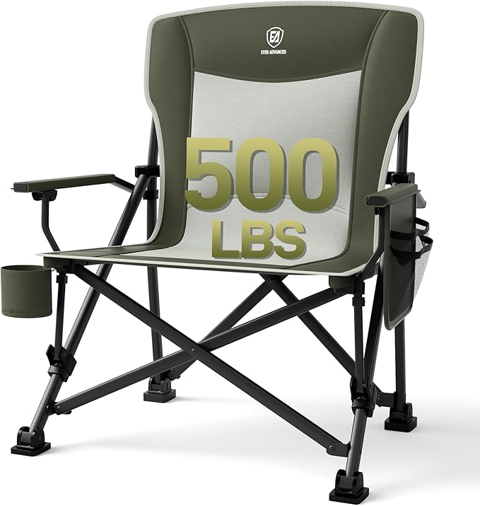 Camp Chair, Large Green Steel Frame with Swivel Cup Holder