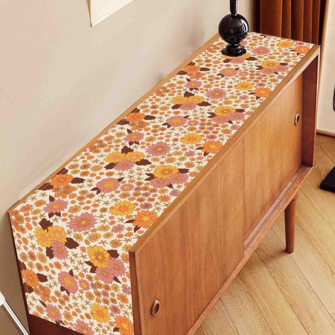 Groovy Floral Table Runner, Retro 70s Hippie Floral Funky Orange Floral Trippy - Image 3