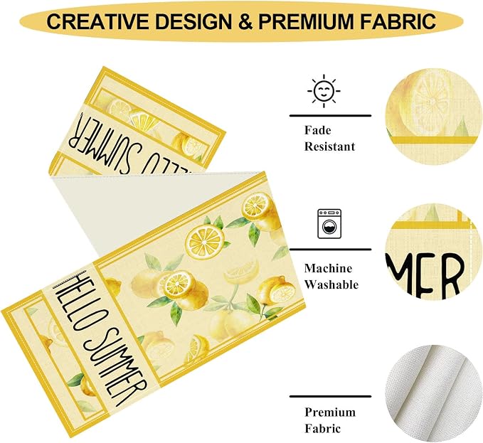 Summer Lemon Table Runner, Farmhouse Seasonal Spring Yellow Fresh Fruits - Image 4