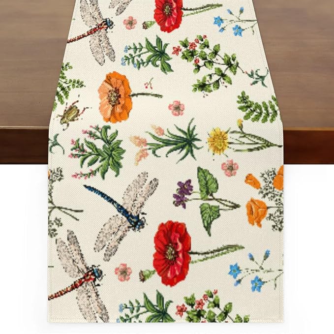 Flowers Dragonflies Table Runner Kitchen Dining Table Runner 13*90in Table by Mularoka