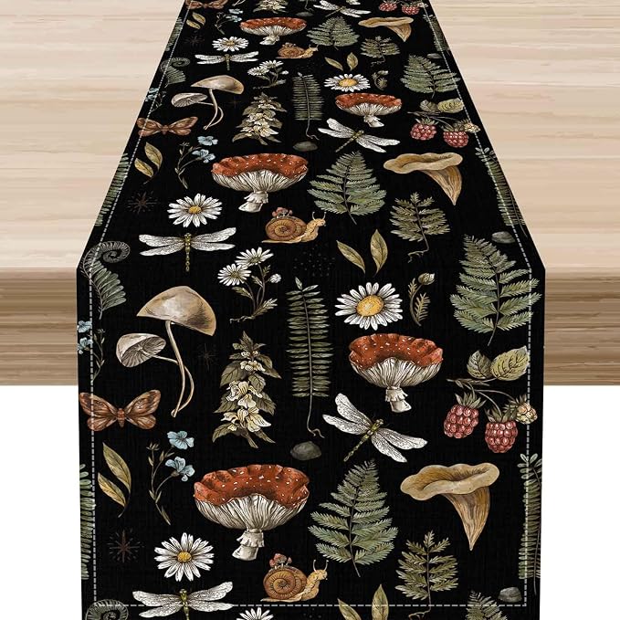 Mushroom Table Runner, Rustic Farmhouse Forest Plants Botanical Country Black by Unknown