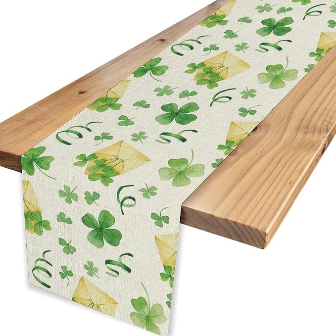 Clover Table Runner, Retro Rustic Green Shamrock Yellow Envelope Spring - Image 6
