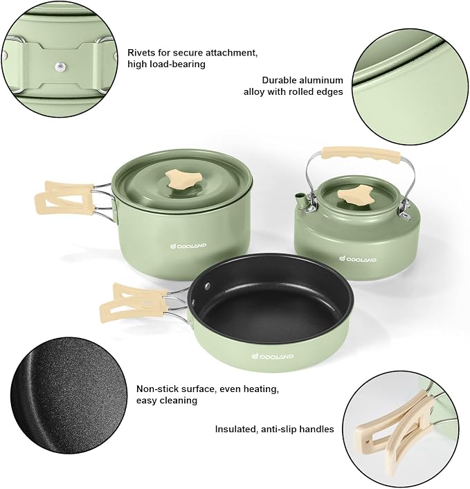 Odoland 15pcs Camping Cookware Mess Kit, Non-Stick Lightweight Pot Pan Kettle - Image 6