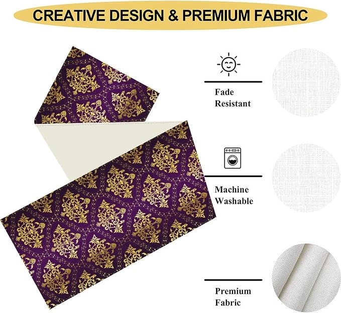 Vintage Table Runner, Retro Antique Gothic Purple Damask Floral Flower Pattern - Image 5