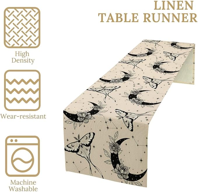 Boho Moth Table Runner, Retro Flower Moon Starlit Stars Butterfly Print Table - Image 5