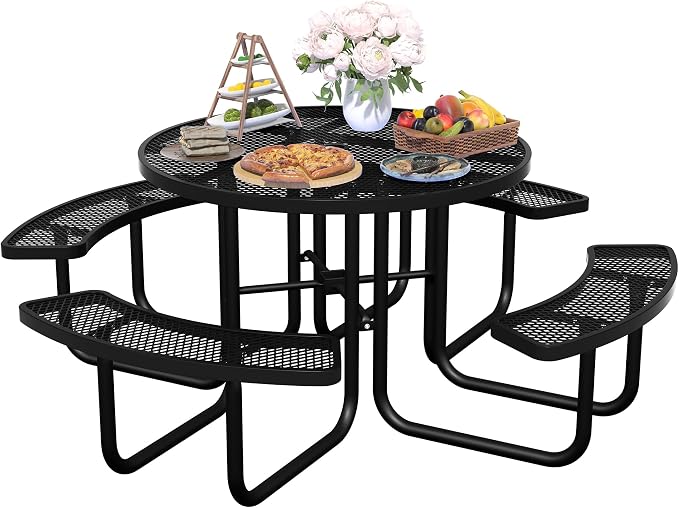 46'' Round Metal Picnic Table for Outdoors, Commercial Steel Metal Picnic Tables by MakeaGoodChoose