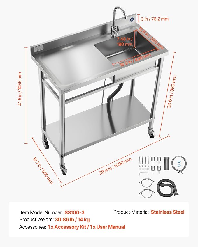 VEVOR Stainless Steel Utility Sink, Rolling Single Bowl Commercial Kitchen Sink - Image 7