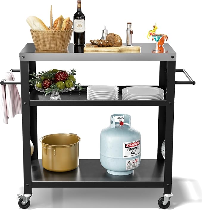 Outdoor Grill Cart with Three-Shelf, Stainless Steel Pizza Oven Table by Unknown