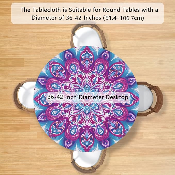 Mandala Vintage Flowers Round Table Cloth Cover, Elastic Edge Waterproof - Image 2