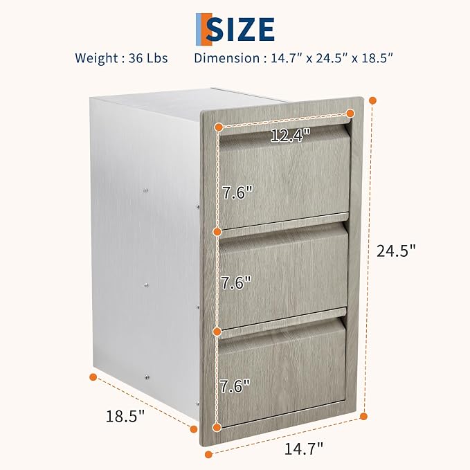 Stainless Steel Outdoor Kitchen Triple Drawers 14.7" W x 18.5" D x 24.5" H - Image 3