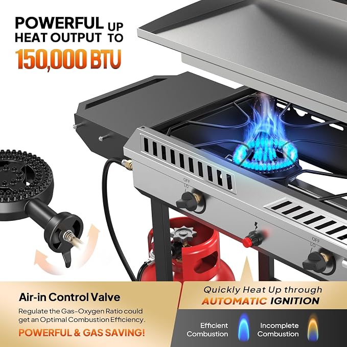 Bonnlo 2-in-1 Propane Stove and Griddle, Iginition Outdoor Gas Cooker - Image 4