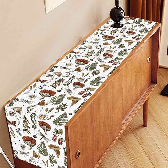 Mushroom Table Runner, Rustic Farmhouse Forest Plants Botanical Country Coffee - Image 3
