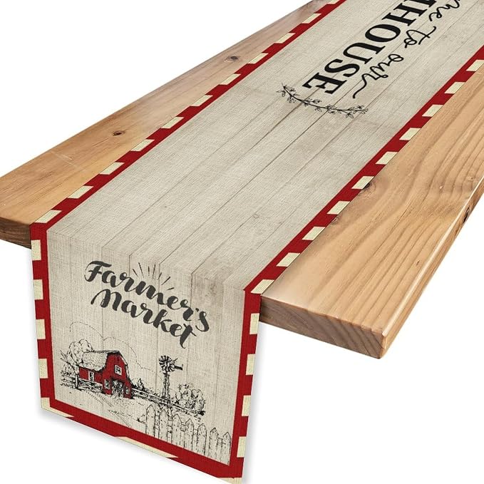 Farmhouse Table Runner, Rustic Country Barn Cottage Rooster Check Animal Plank - Image 4