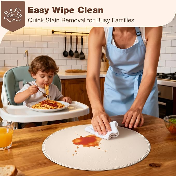 Round Vinyl Beige Placemats Set of 6, Faux Leather Waterproof Wipeable Heat - Image 3