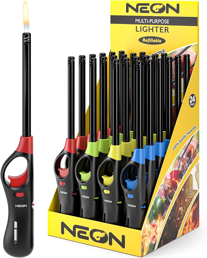 NEON Lighter, Refillable Butane Candle Lighter, 24 Pack Multi-Purpose Reusable by NEON