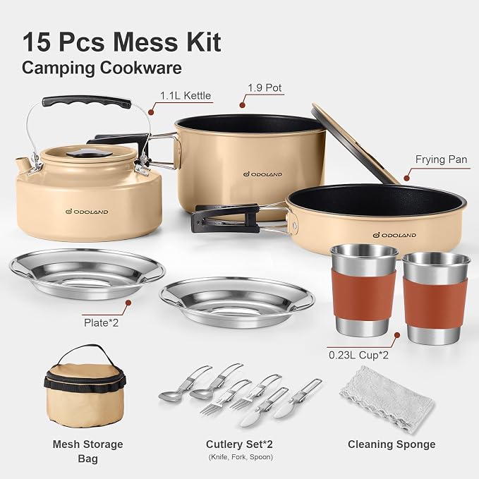 Odoland 15pcs Camping Cookware Mess Kit, Non-Stick Lightweight Pot Pan Kettle - Image 2