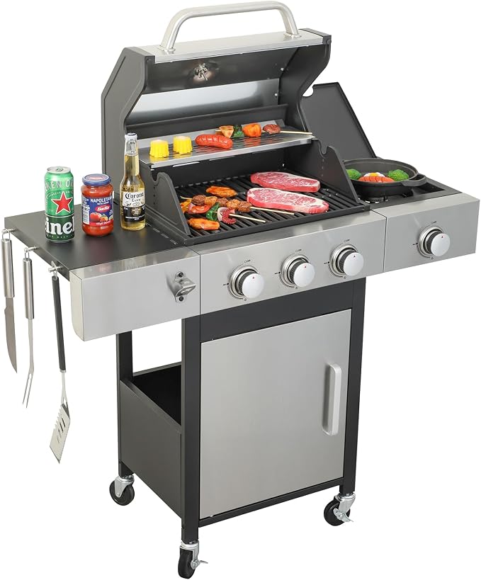 3-Burner Gas Grill with Side Burner, 37230 BTU Outdoor BBQ, Large Cooking Area by CubisVeta