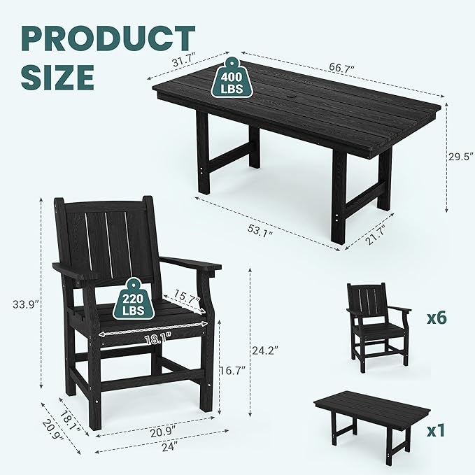 Pamapic 7 PCS Outdoor Dining Set, Spacious HDPE Outdoor Table and Chairs - Image 6
