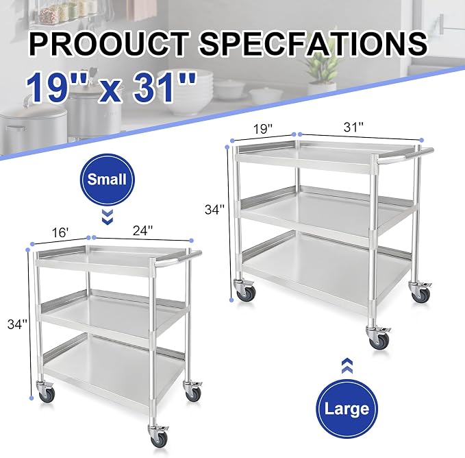 3 Tier Stainless Steel Utility Cart | Heavy Duty Metal Rolling Cart - Image 4