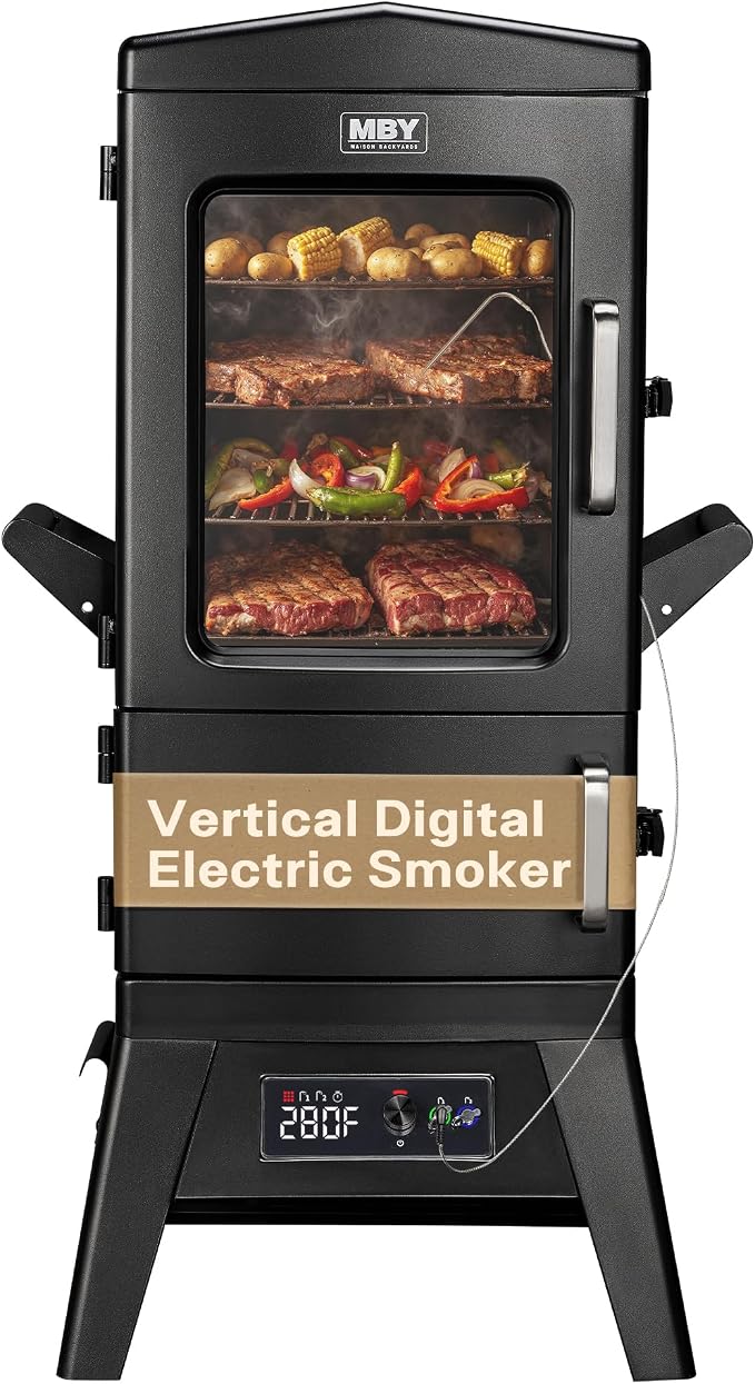 Vertical Electric Smoker with Cover & Meat Probe, BBQ Smokers with 4 Cooking by MASIONBACKYARDS