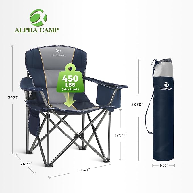 Oversized Camping Chair, Navy Blue, 500 lb Capacity, Built-In Cooler Bag
