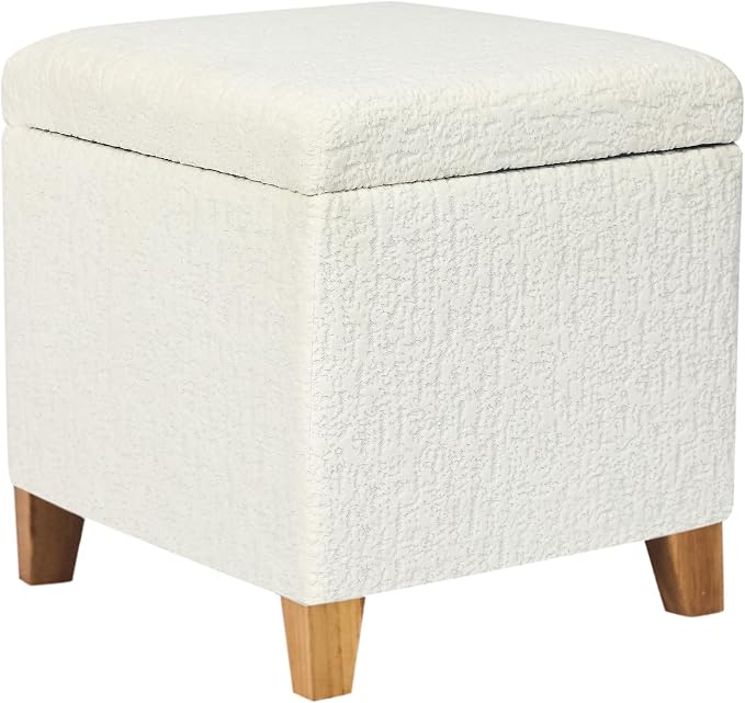 Adeco 18 Inch High Faux Fur White Cube Ottoman Storage, 3D Embossed Velvet by Adeco