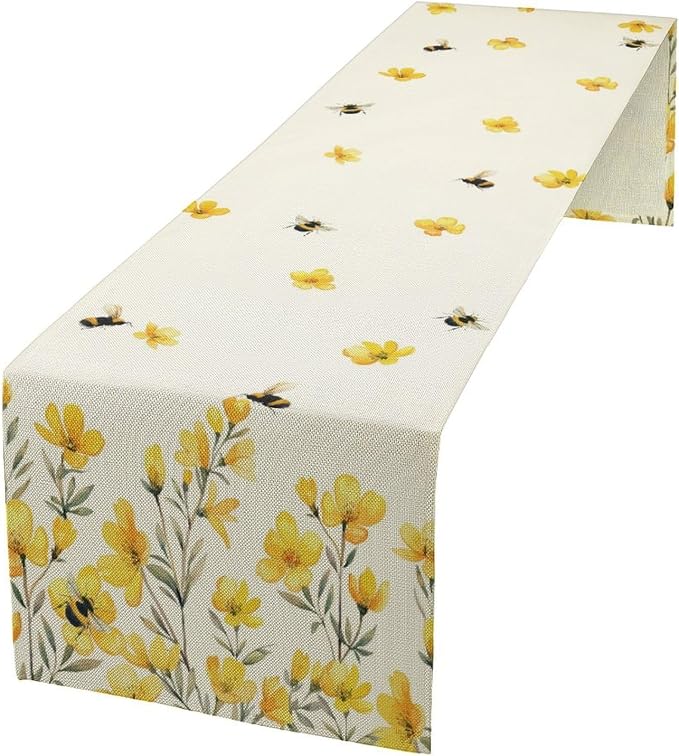 Yellow Wild Flowers Table Runner, Rustic Farmhouse Watercolor Daisy Floral by JanJCurt