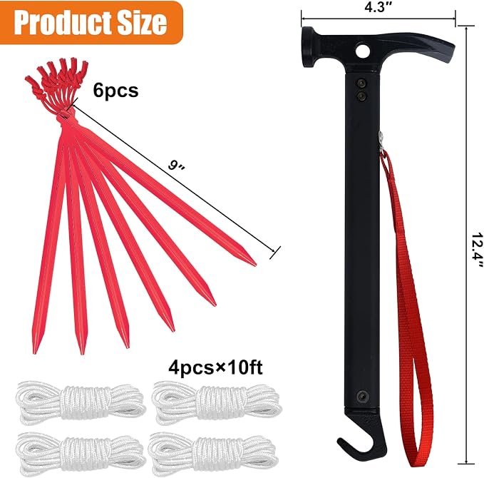 Eurmax USA Hiking Camping Tent Stakes and Hammer Set Lightweight Multi-Function - Image 5