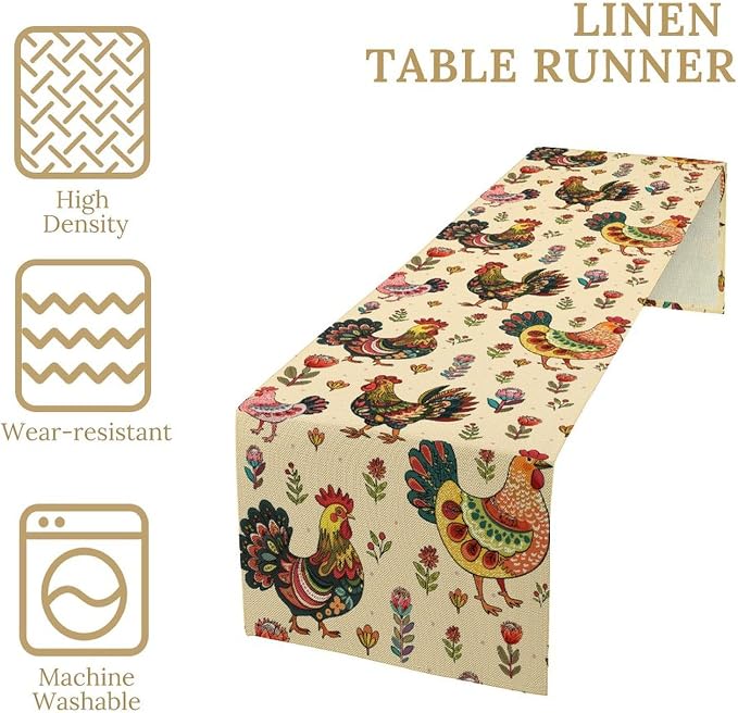 Rustic Farm Animal Table Runner, Vintage Rooster Boho Flowers Table Runner - Image 6