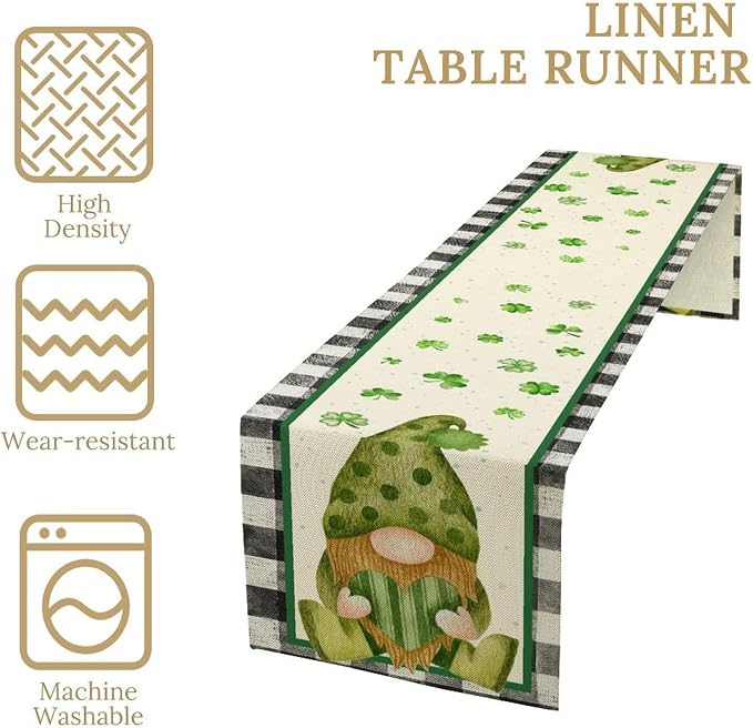 St.Patrick's Day Table Runner, Vintage Black White Plaid Green Polka Dot Gnome - Image 4