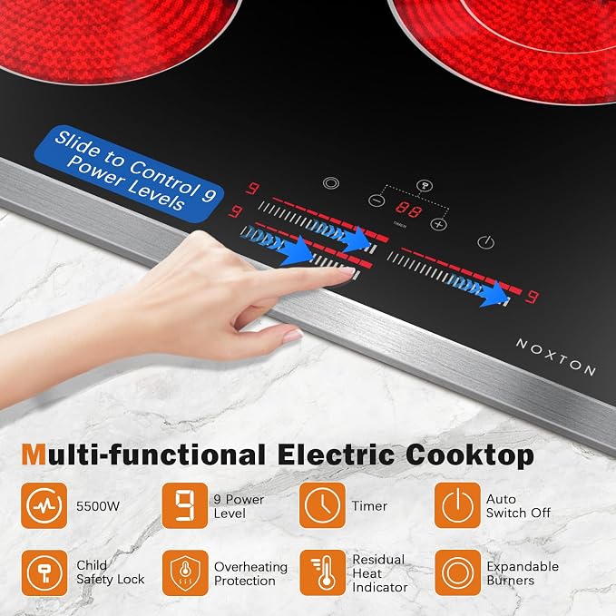 Noxton 24 Inch Electric Cooktop, 3 Burner Built-in Radiant Stove Top, Stainless - Image 2