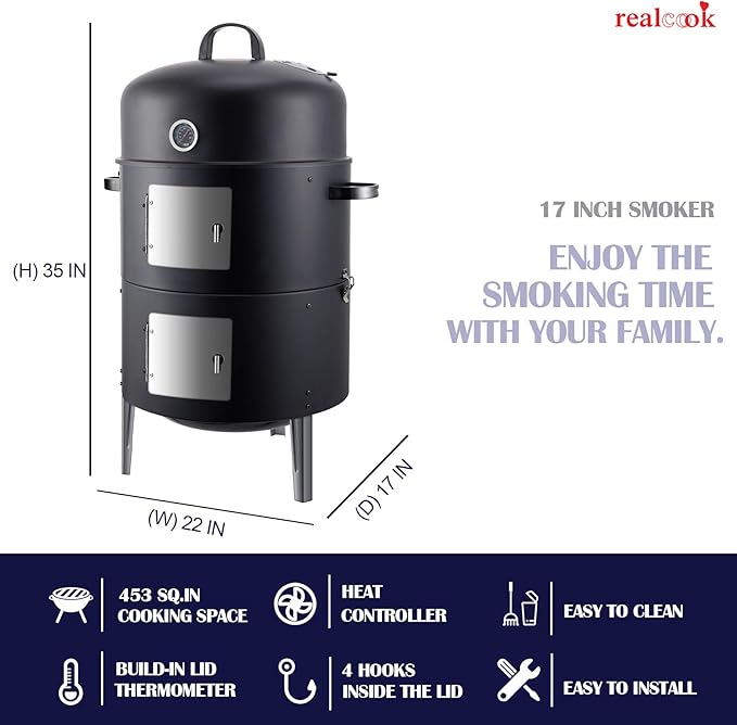 Realcook Vertical 17 Inch Steel Charcoal Smoker, Heavy Duty Round BBQ Grill - Image 6