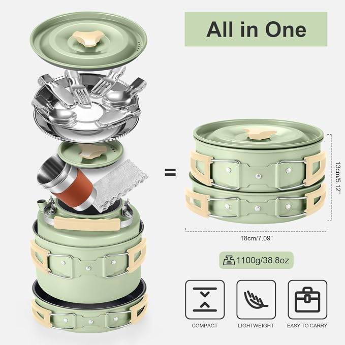 Odoland 15pcs Camping Cookware Mess Kit, Non-Stick Lightweight Pot Pan Kettle - Image 3