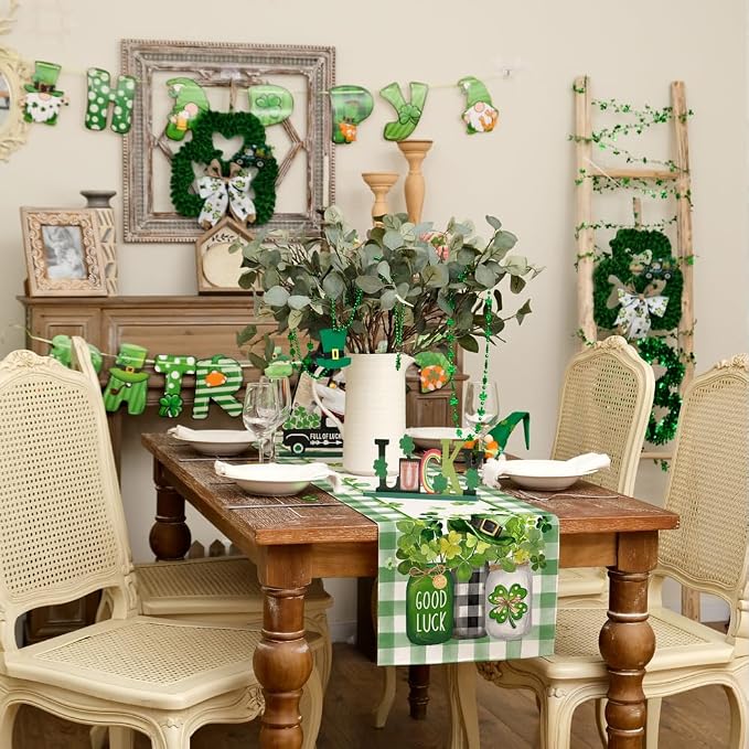 GEEORY St. Patrick's Day Table Runner 13 x 108 Inch, Shamrocks Plaid Mason Jar - Image 2