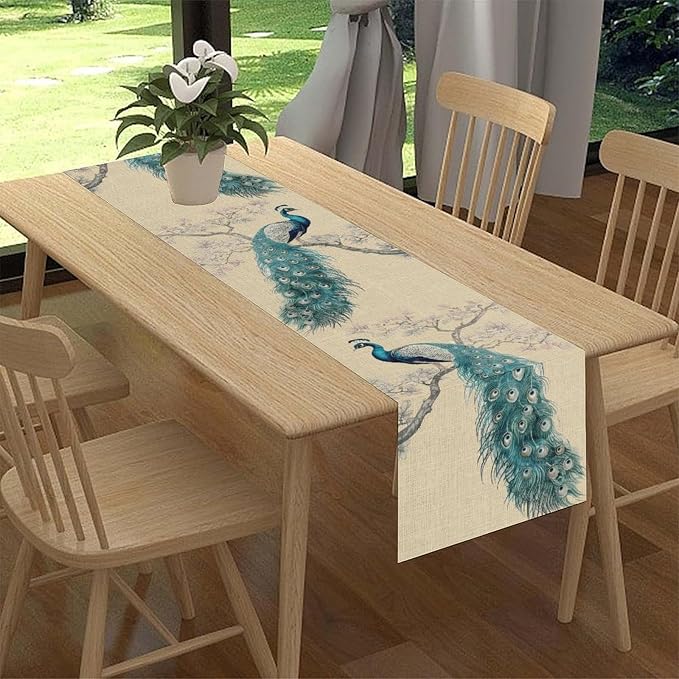 Peacock Table Runner, Retro Rustic Traditional Chinese Style Blossom Branch - Image 3
