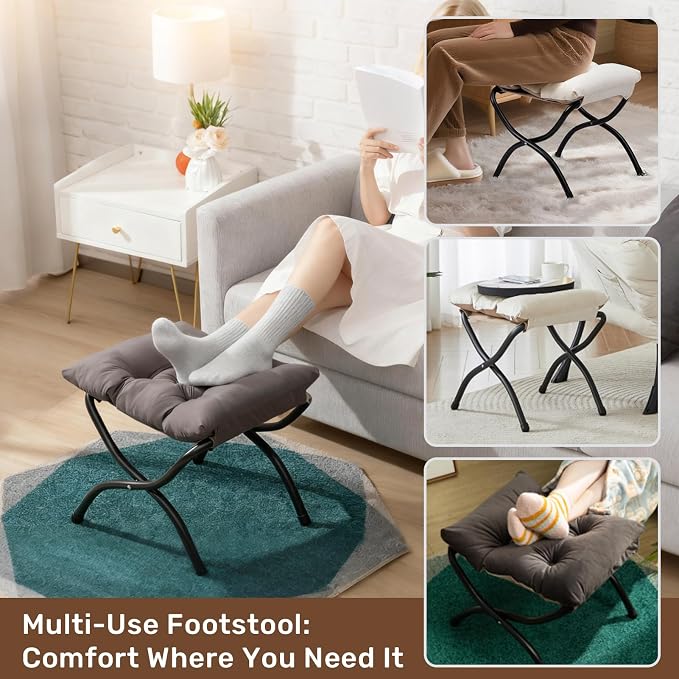 HollyHOME 15" Folding Footrest Stool, Upholstered Small Foldable Ottoman - Image 6