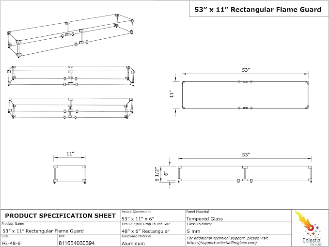 Celestial 53.25" x 11" x 6" Wind Guard, fits Celestial 48” x 6” Fire Pit Burner - Image 6