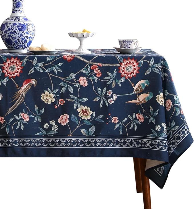 patdrea Designer Dark Blue Linen Rectangular Tablecloth, Vintage Navy French by Welcometopatdrea