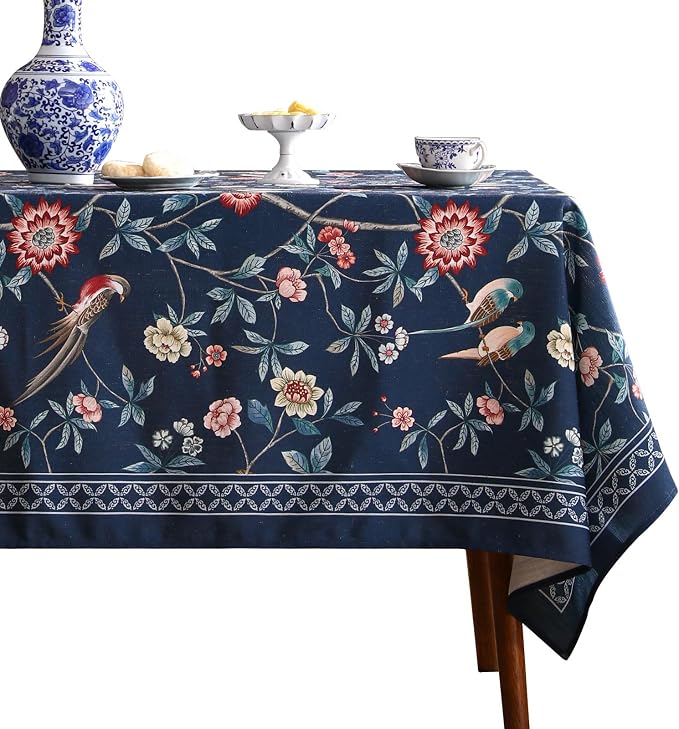 patdrea Designer Dark Blue Linen Rectangle Tablecloth, Vintage Navy French - Image 2