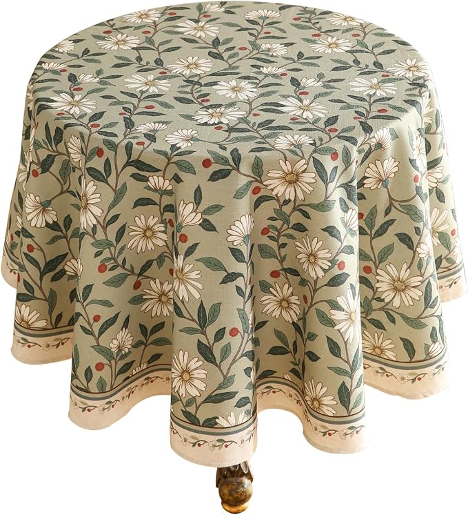 ISAENNE Designer Green Linen Round Tablecloth, Floral French Country Indoor by Isaennehomedecoration