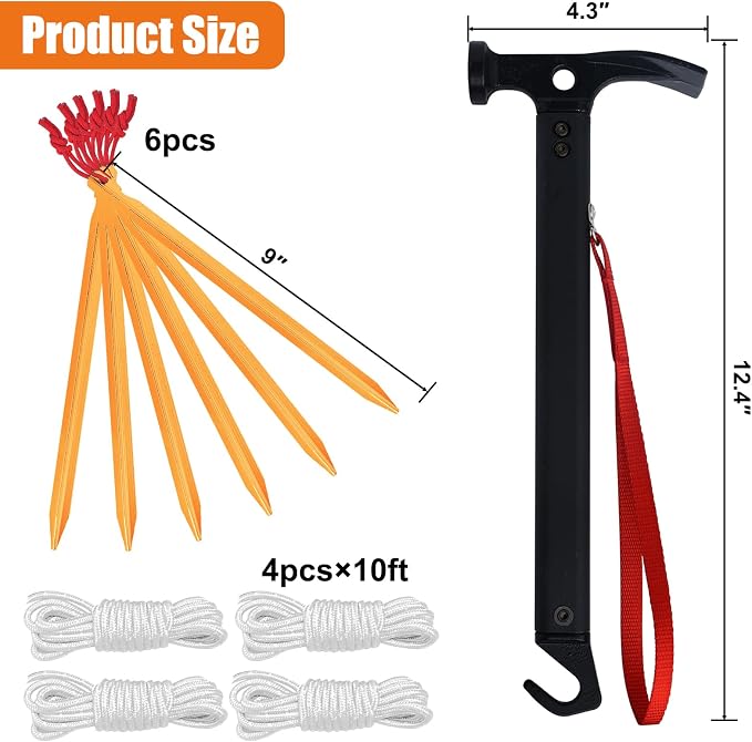 Eurmax USA Hiking Camping Tent Stakes and Hammer Set Lightweight Multi-Function - Image 5
