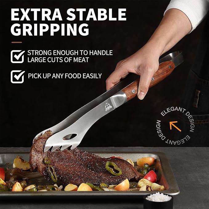 GRILLGEN Heavy Duty Rosewood Handle BBQ Grill Tongs, 16.73" Long Premium BBQ - Image 4