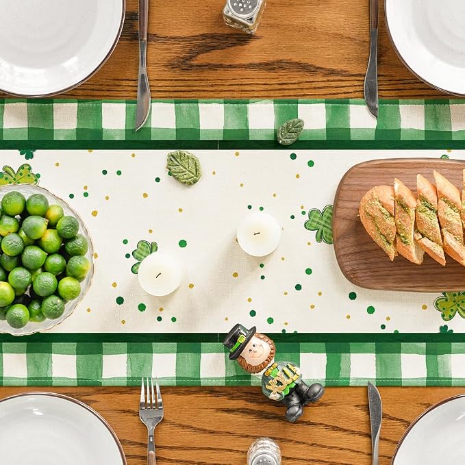 Artoid Mode Shamrock Lucky Buffalo Plaid Gnomes St. Patrick's Day Table Runner - Image 4