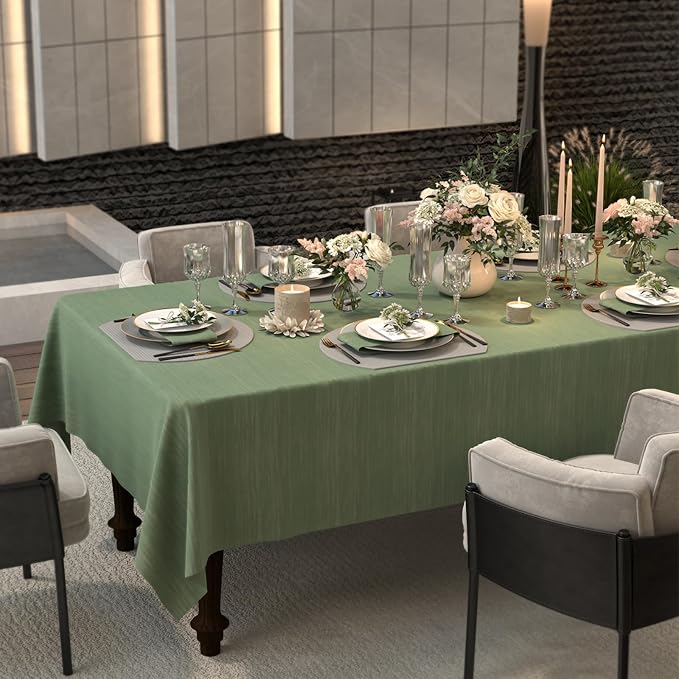 Rectangle Sage Green Table Cloth, Embossed Pleated Textured Waterproof - Image 2