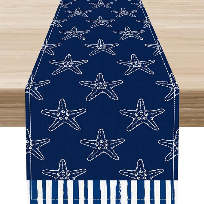 Starfish Table Runner, Summer Coastal Navy Blue Nautical Tropical Rustic by Unknown