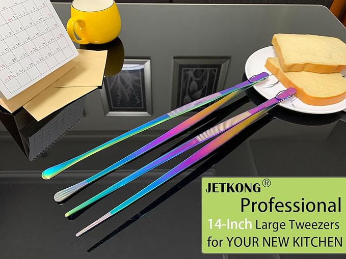 Tongs 14-Inch Stainless Steel Food Tweezers, 2-Pack, Rainbow Finish