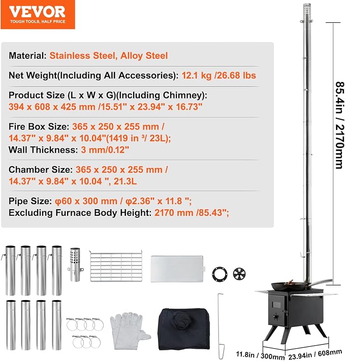 VEVOR Camping Wood Stove Alloy Steel Camping Tent Stove, Portable Wood Burning - Image 7