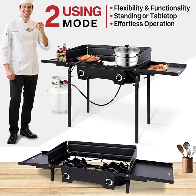 2 Burner Propane Camp Stove | 150, 000 BTU Gas Burners | Side Shelves | - Image 6